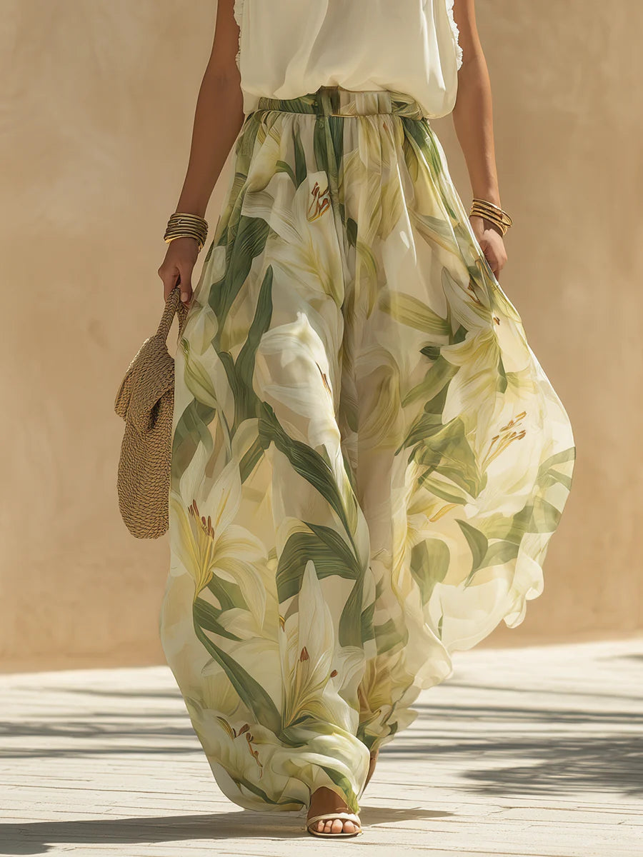 Lila | Chiffon Ruffled Top and Lily Print Trousers Set
