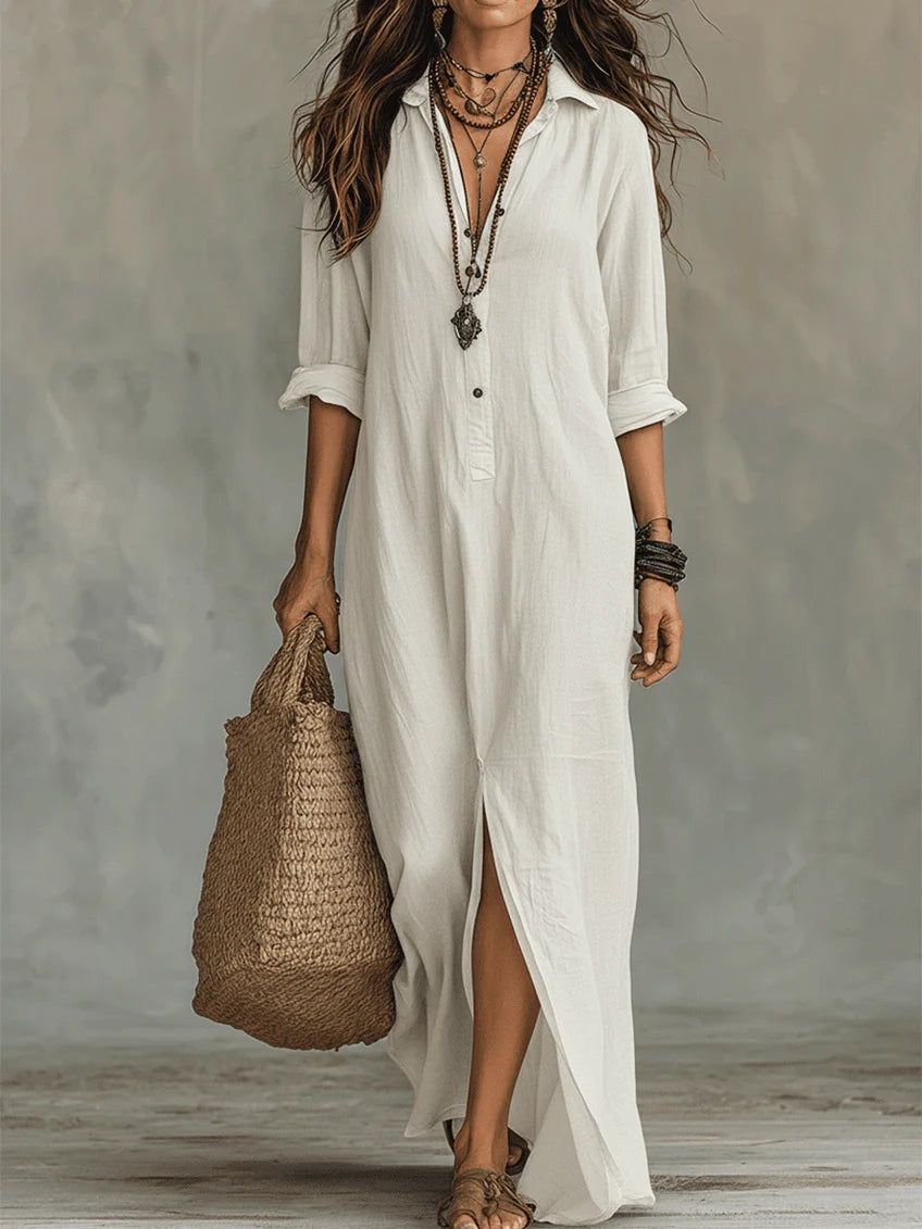 Soline™ | Loose-Fitting Green Maxi Dress with Buttons