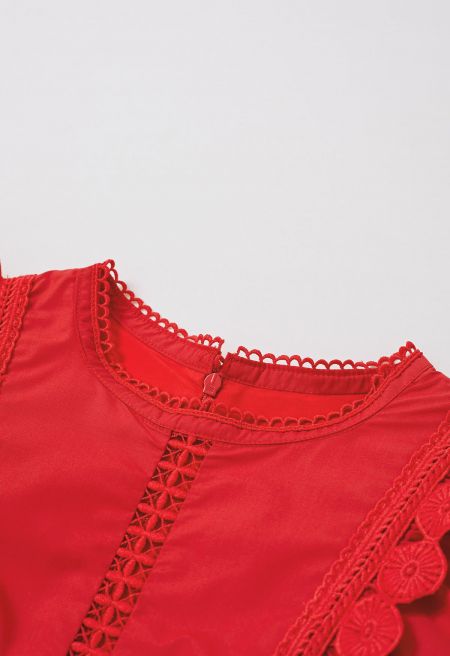 Crochet Trim Sleeveless Midi Dress in Red