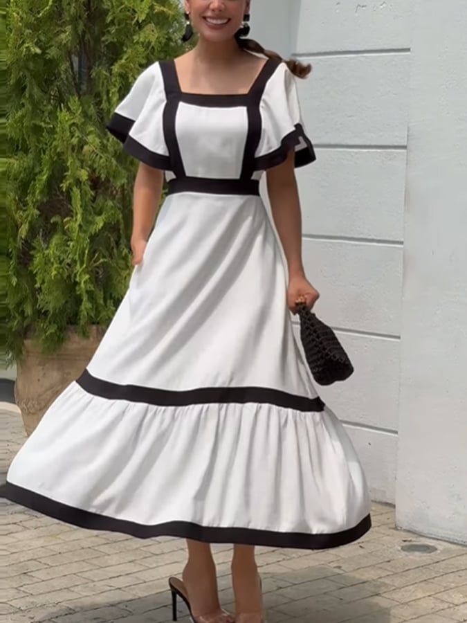Women'S Casual Contrast Color Square Neck Short Sleeve Patchwork Dress