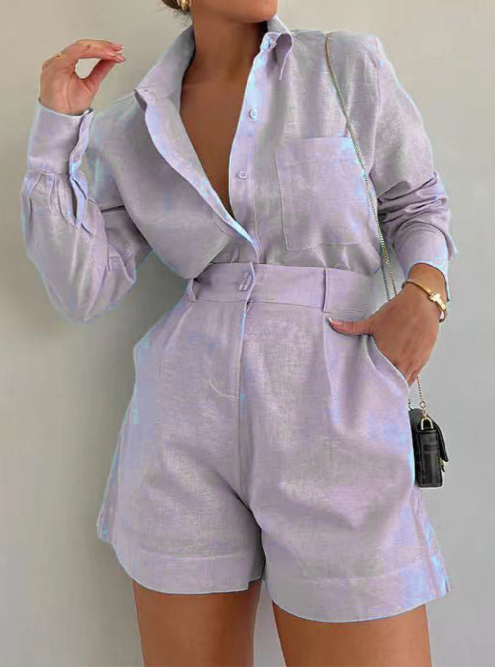 Lila | Cotton and Linen Long Sleeve Shorts Set