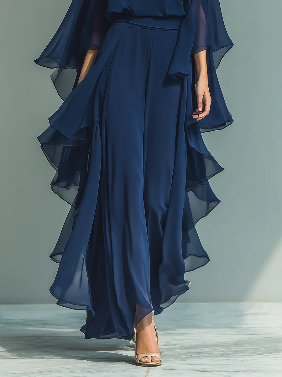 Nina | Chiffon Bell-Sleeve Top and Ruffled Trousers Set