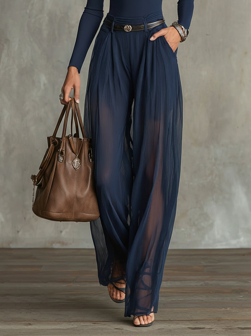 Serena | Lace-Panel Top & Sheer Wide-Leg Trousers Set