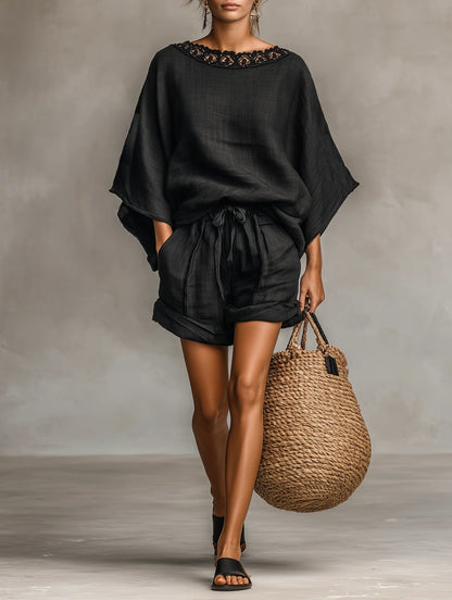 Lila | Lace Boat Neck Blouse and Shorts Set