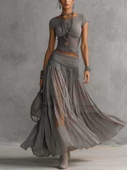 Elena | Lace-Paneled Top and Pleated Maxi Skirt Set