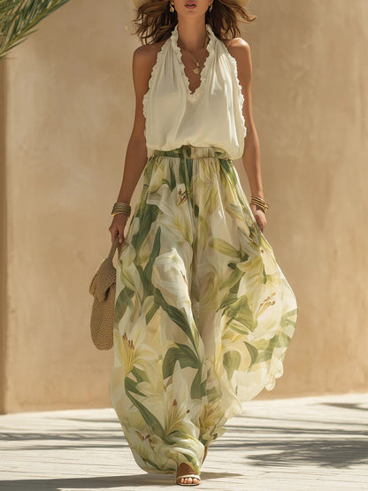 Lila | Chiffon Ruffled Top and Lily Print Trousers Set