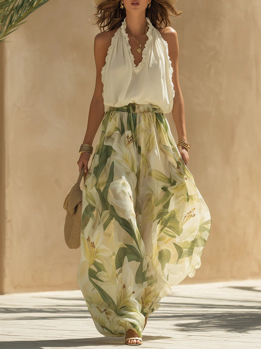 Lila | Chiffon Ruffled Top and Lily Print Trousers Set