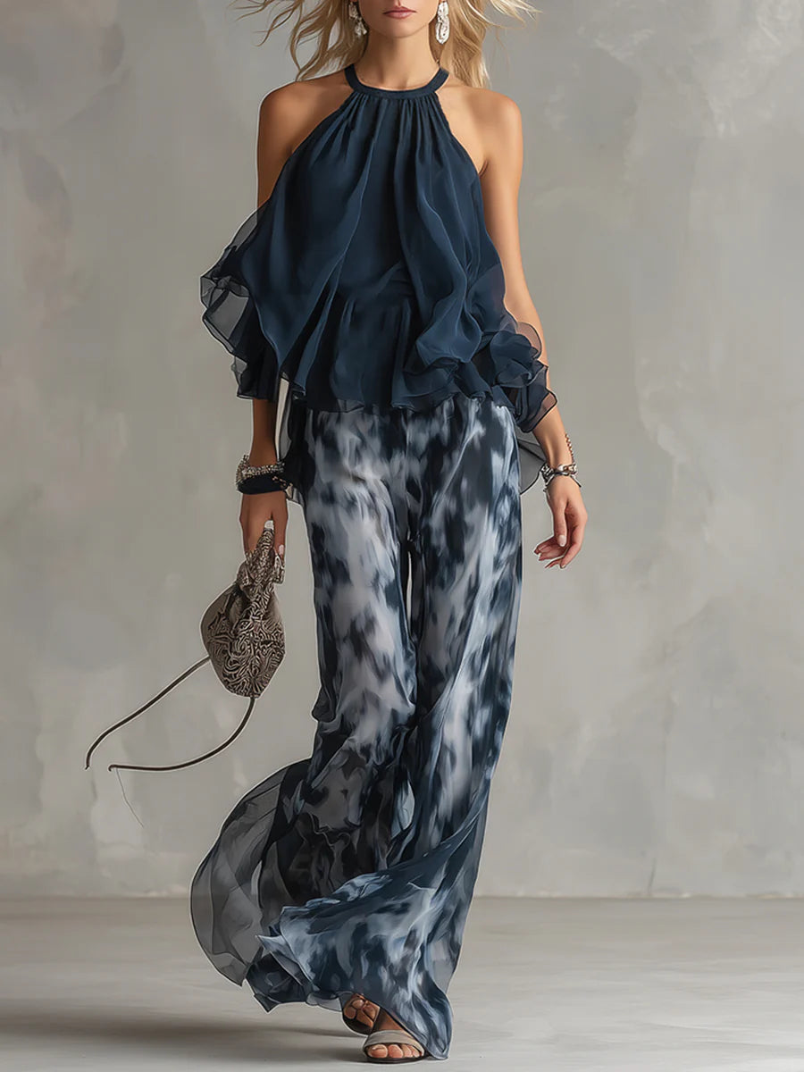 Sofia | Halter Neck Top and Printed Wide-leg Trousers Set
