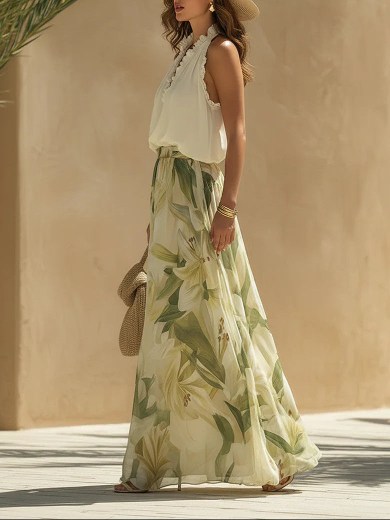 Lila | Chiffon Ruffled Top and Lily Print Trousers Set