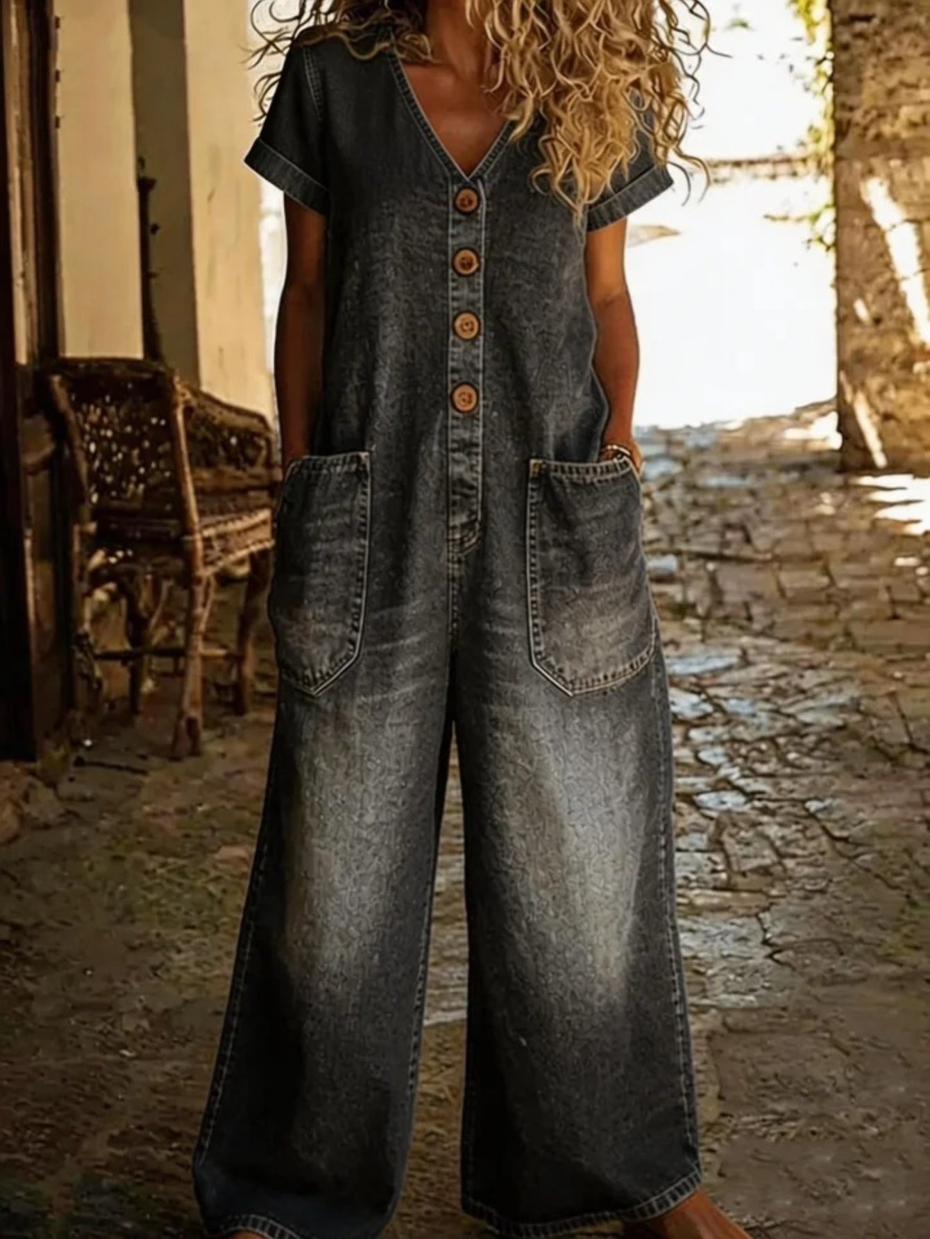 Karen | Retro Button Down Denim Jumpsuit