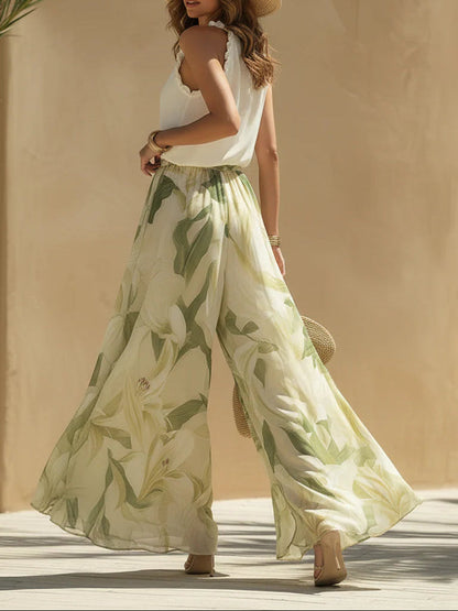 Lila | Chiffon Ruffled Top and Lily Print Trousers Set