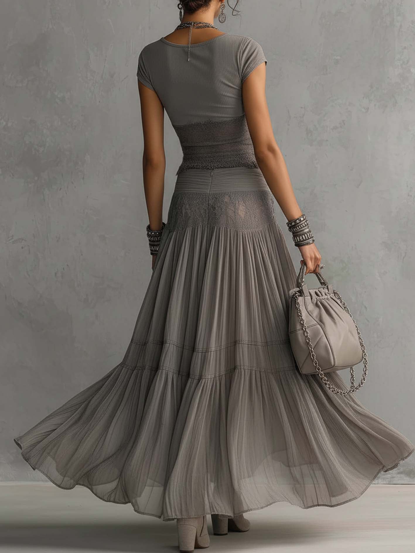 Elena | Lace-Paneled Top and Pleated Maxi Skirt Set