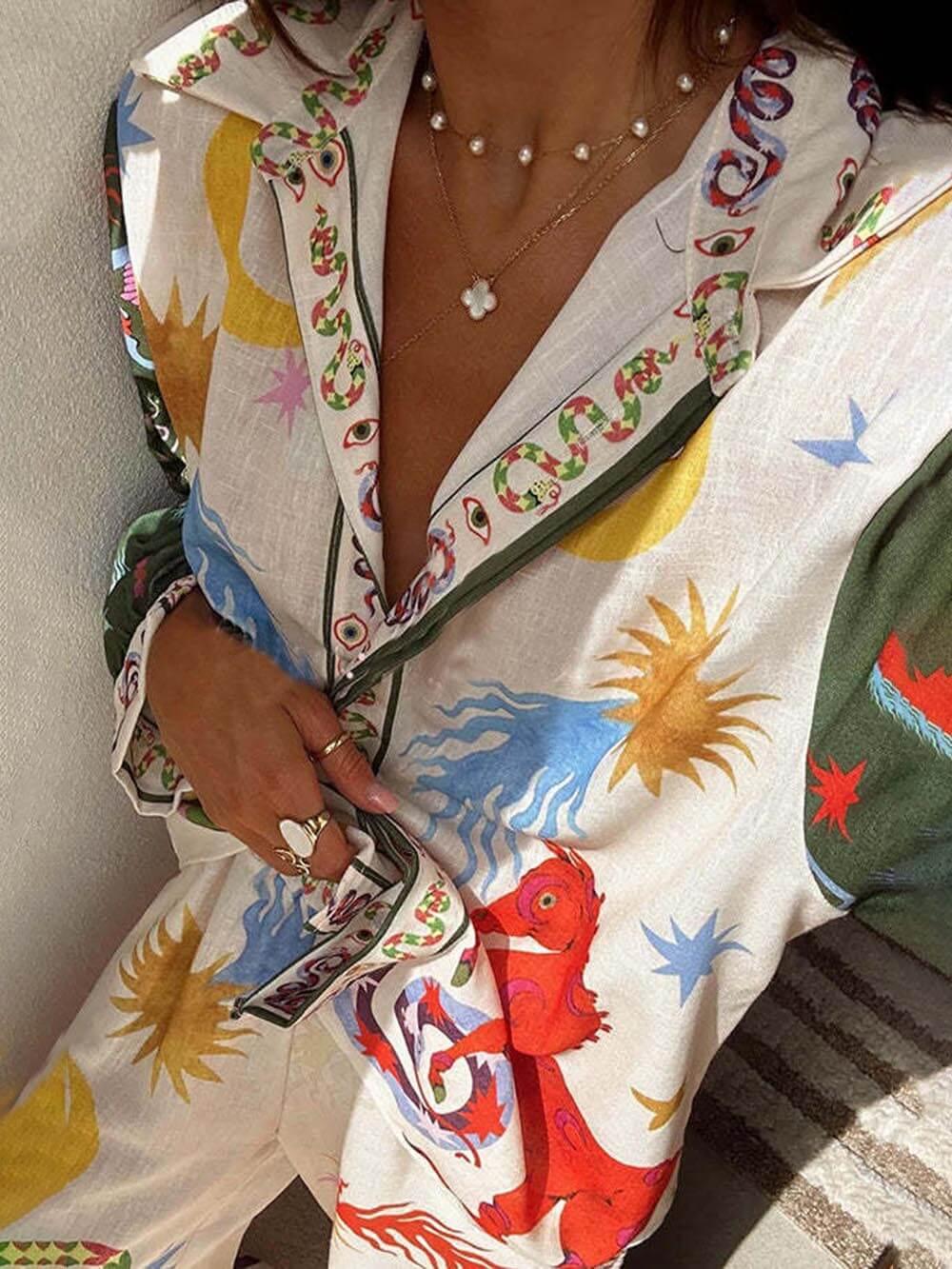 Isabella | Unique Print Long Sleeve Shirt and Elastic Waist Pants Set