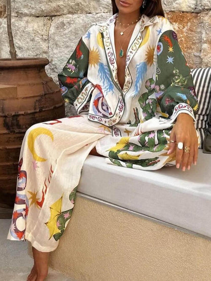 Isabella | Unique Print Long Sleeve Shirt and Elastic Waist Pants Set