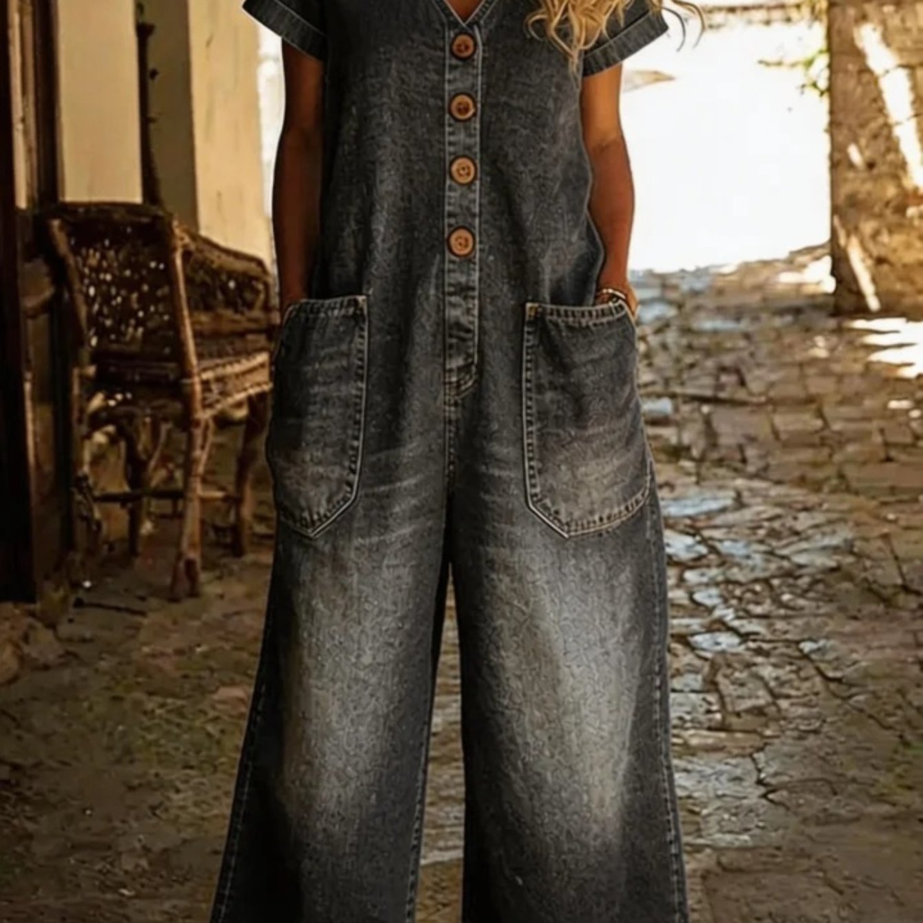 Karen | Retro Button Down Denim Jumpsuit