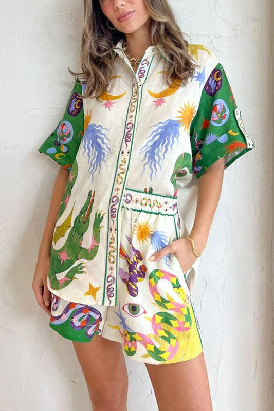 Heavenly | Print Blouse and Pocketed Shorts Set