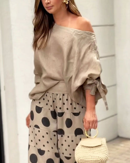 Samantha | Casual Shoulder Top & Printed Trousers Set