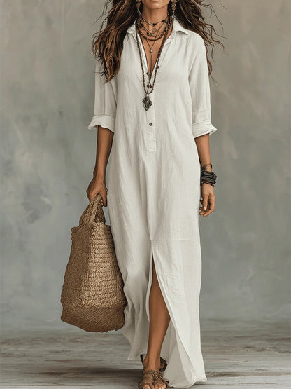 Soline™ | Loose-Fitting Green Maxi Dress with Buttons