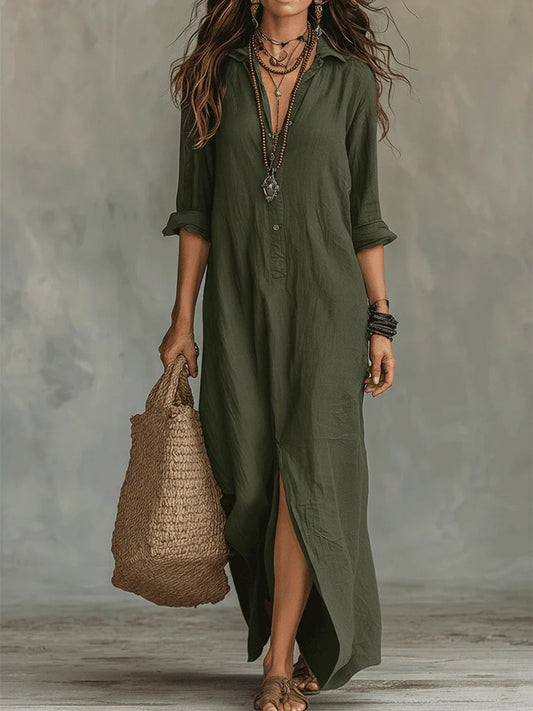 Soline™ | Loose-Fitting Green Maxi Dress with Buttons
