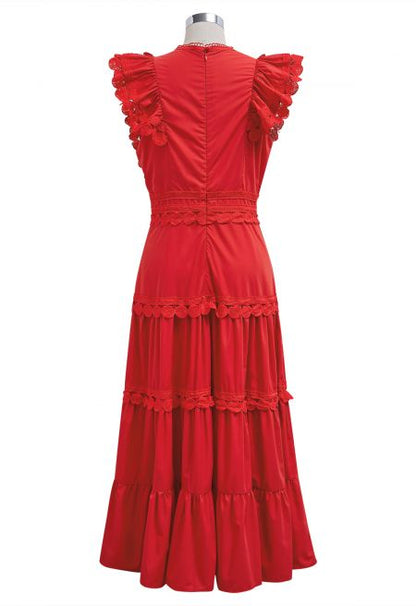 Crochet Trim Sleeveless Midi Dress in Red