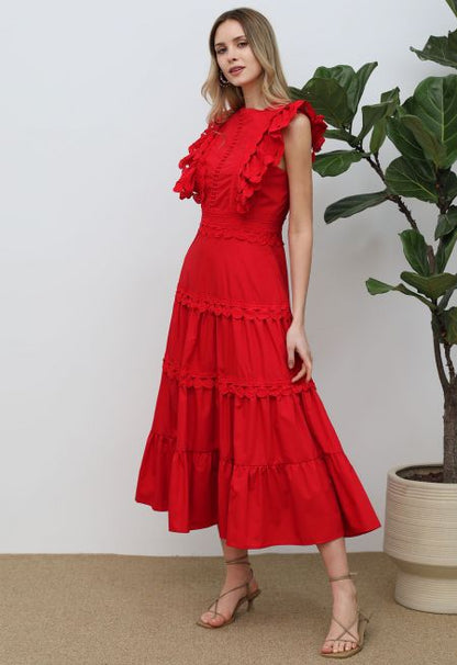 Crochet Trim Sleeveless Midi Dress in Red