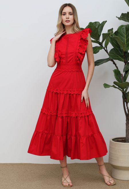Crochet Trim Sleeveless Midi Dress in Red