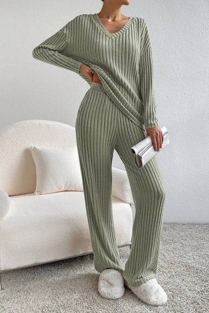 Sofia | Ribbed V-Neck Top and Trousers Set