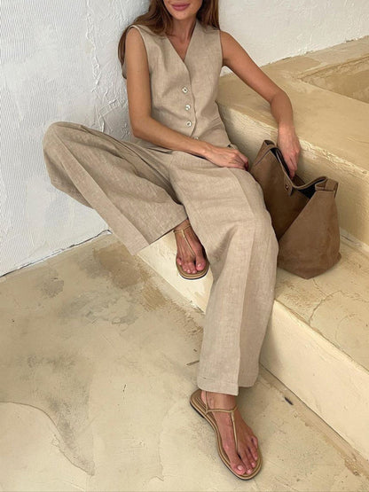 Lila | V-neck Pleated Wide-leg Trousers Suit