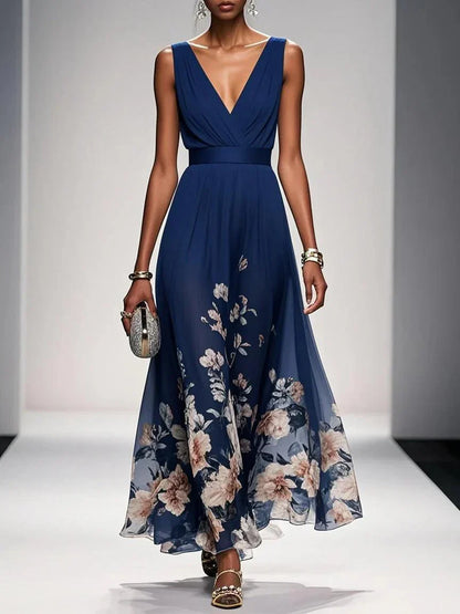 Rose | Light Blue Floral Chiffon V-Neck Maxi Dress