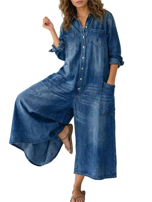 Holly | Wide Long Denim Jumpsuit