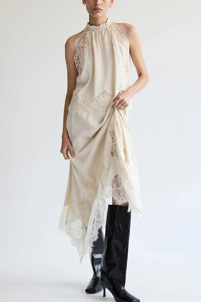 Isabella | Lace Pleated Top + Irregular Slit Skirt Set