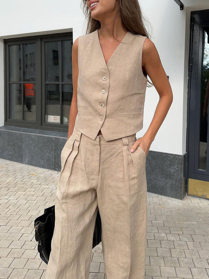 Lila | V-neck Pleated Wide-leg Trousers Suit