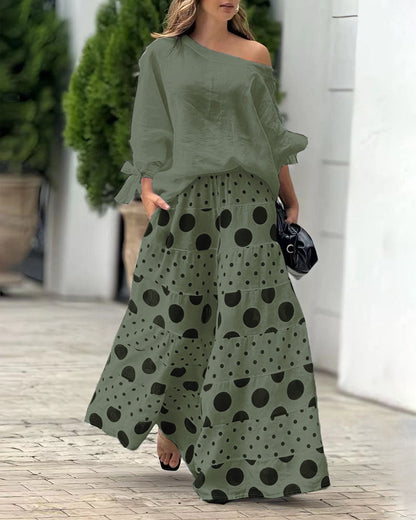 Samantha | Casual Shoulder Top & Printed Trousers Set
