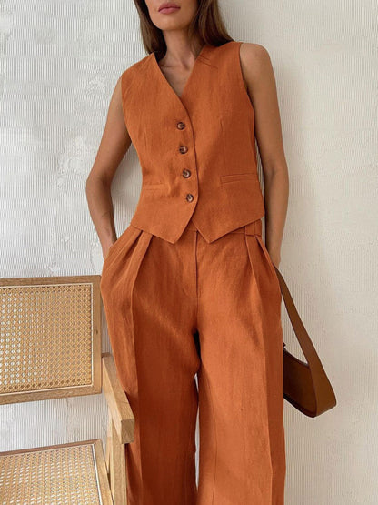 Lila | V-neck Pleated Wide-leg Trousers Suit