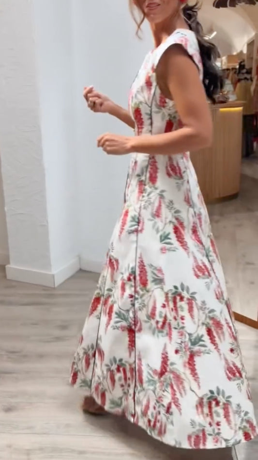 Women's Round Neck Rattan Flower Print Sleeveless Maxi Dress