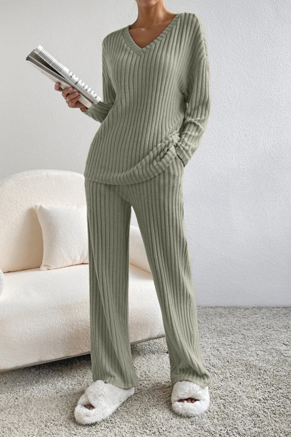 Sofia | Ribbed V-Neck Top and Trousers Set