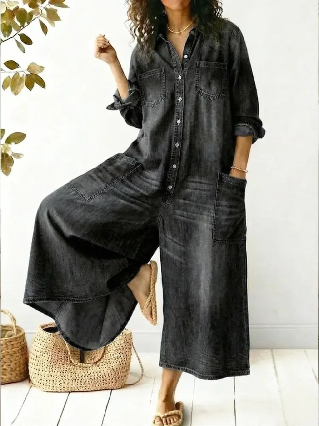 Holly | Wide Long Denim Jumpsuit