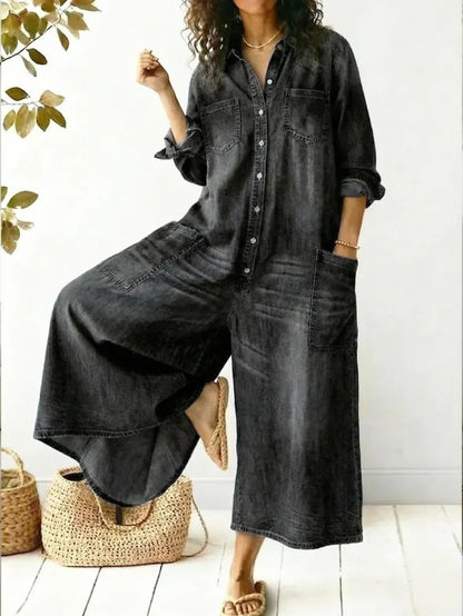 Holly | Wide Long Denim Jumpsuit