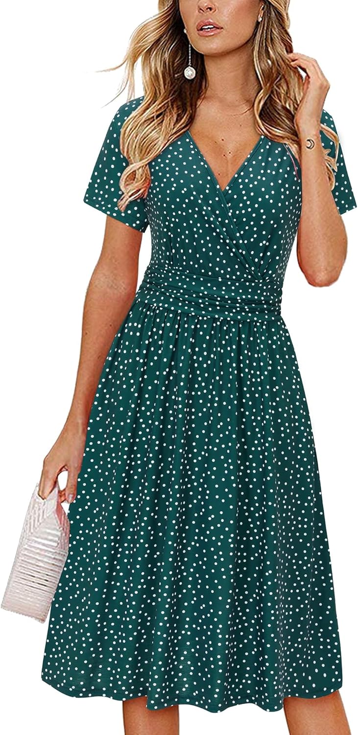 OUGES Casual Summer Dress for Women Wrap V Neck A Line Midi Dresses with Pockets