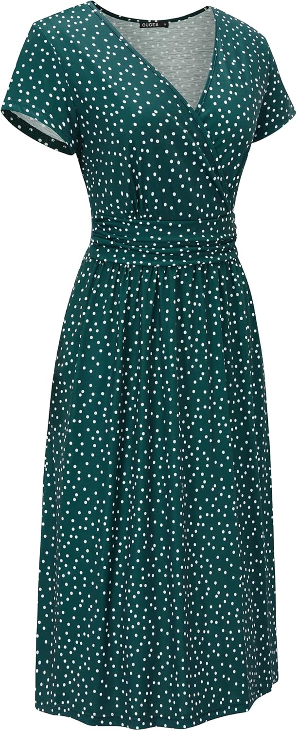 OUGES Casual Summer Dress for Women Wrap V Neck A Line Midi Dresses with Pockets