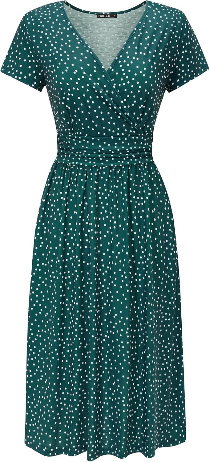 OUGES Casual Summer Dress for Women Wrap V Neck A Line Midi Dresses with Pockets