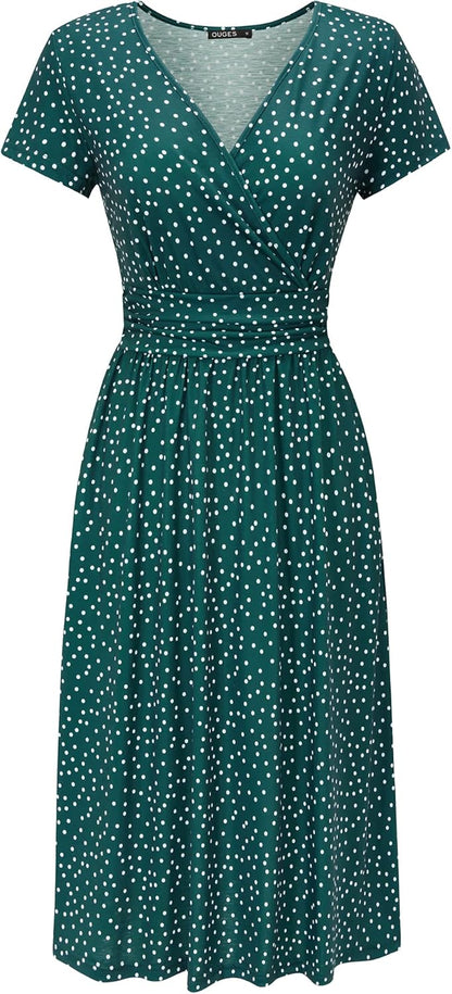 OUGES Casual Summer Dress for Women Wrap V Neck A Line Midi Dresses with Pockets