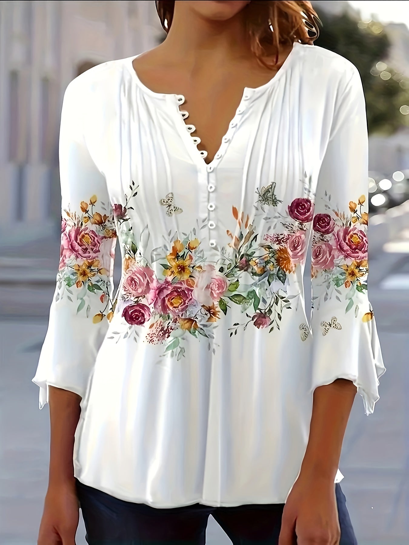 Monica™ | Floral Notched Neck Blouse