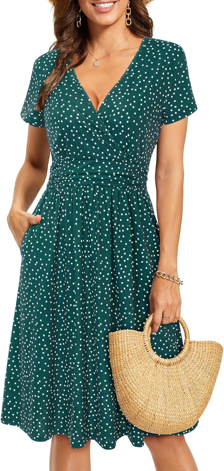 OUGES Casual Summer Dress for Women Wrap V Neck A Line Midi Dresses with Pockets