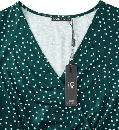 OUGES Casual Summer Dress for Women Wrap V Neck A Line Midi Dresses with Pockets