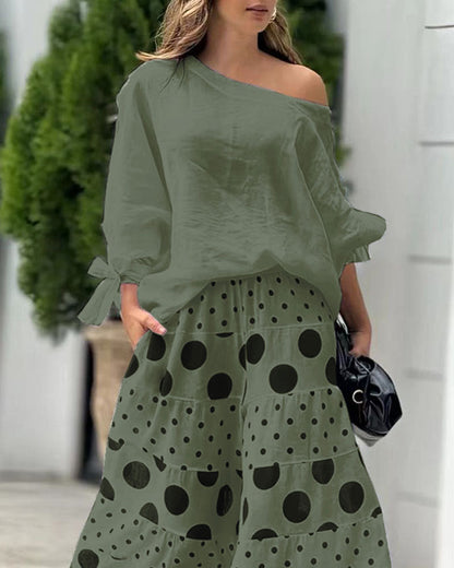 Samantha | Casual Shoulder Top & Printed Trousers Set