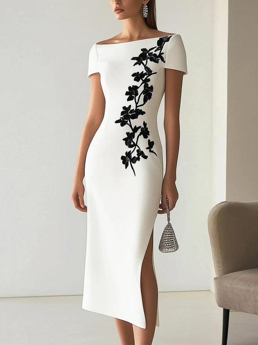 Audrey | Chic Floral Print Boat Neck Midi Dress Outfit