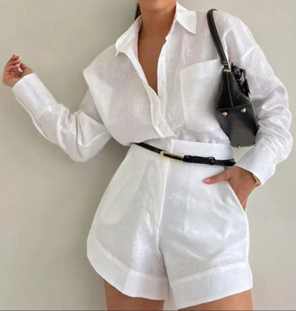 Lila | Cotton and Linen Long Sleeve Shorts Set