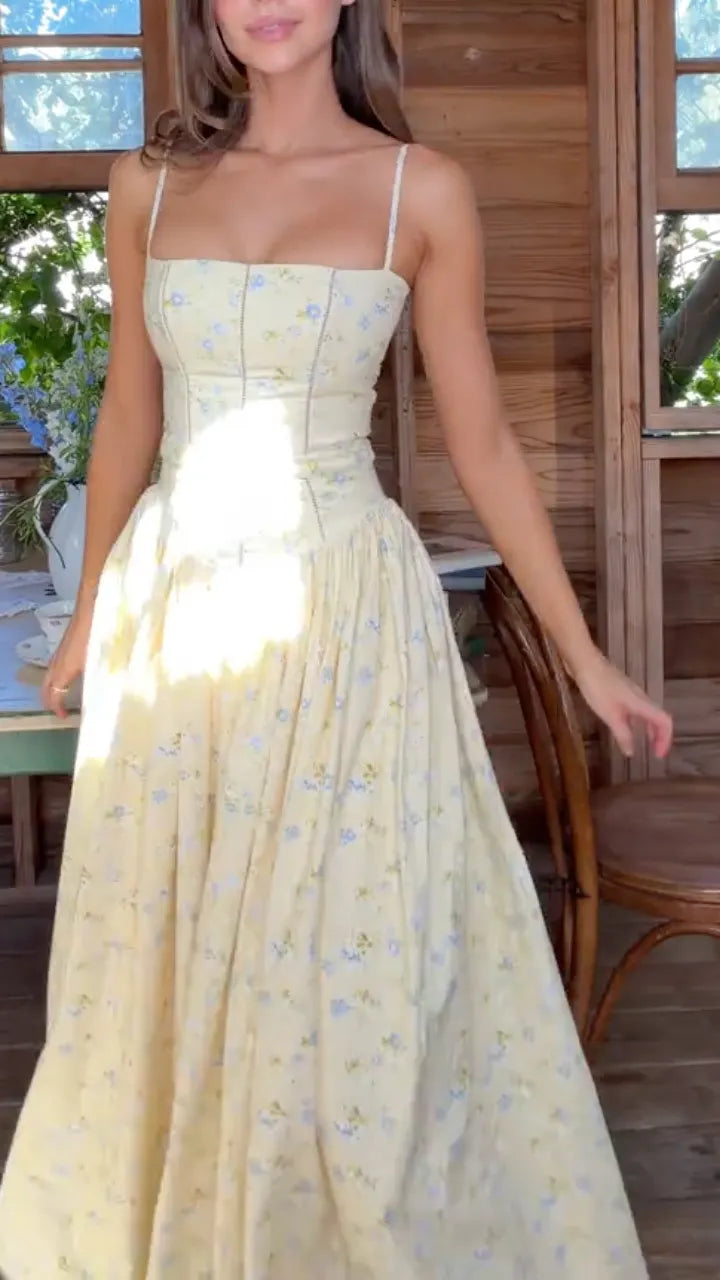 Yellow Floral Spaghetti Strap Maxi Dress