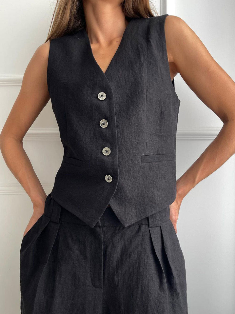 Lila | V-neck Pleated Wide-leg Trousers Suit